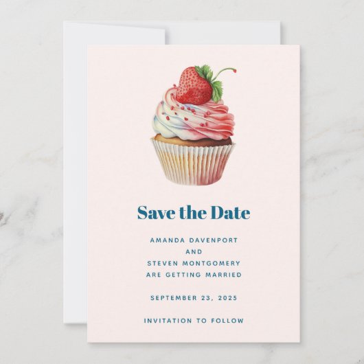 Aardbei Cupcake Sweet Dessert Wedding Save The Date (Voorkant)