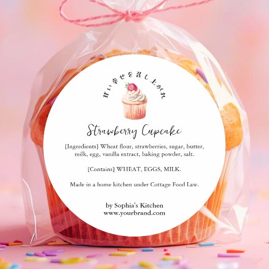 Aardbei Cupcake Waterverf Ingrediënt Ronde Sticker