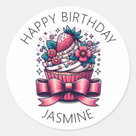 Aardbei Cupcake Whimsical gepersonaliseerd Ronde Sticker