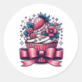 Aardbei Cupcake Whimsical Ronde Sticker