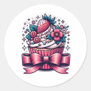 Aardbei Cupcake Whimsical Ronde Sticker