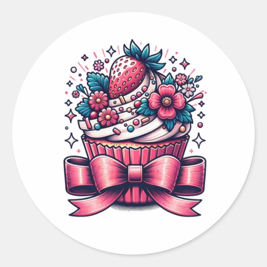 Aardbei Cupcake Whimsical Ronde Sticker (Voorkant)