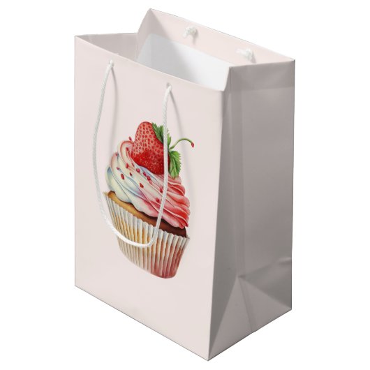 Aardbei Cupcake Zoete Dessert Medium Cadeauzakje (Voorkant Gekanteld)
