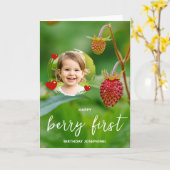 Aardbei Custom Foto Happy Berry Eerste Verjaardag Kaart (Gele Bloem)