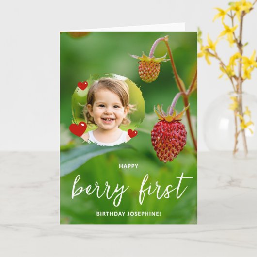 Aardbei Custom Foto Happy Berry Eerste Verjaardag Kaart (Gele Bloem)