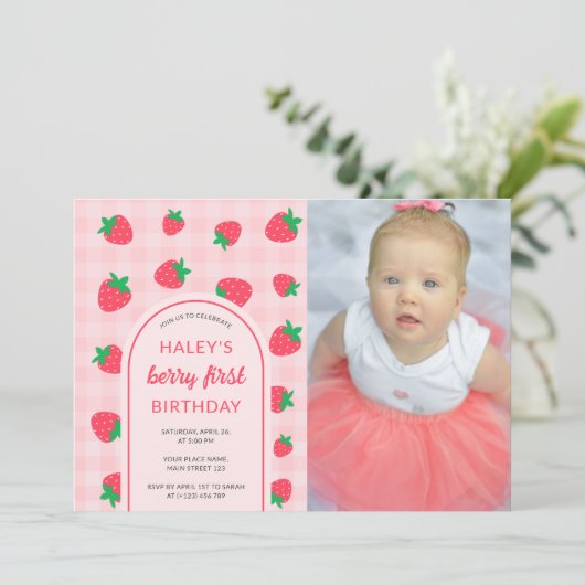 Aardbei Cute Berry Eerste 1e Verjaardag Foto Kaart (Staand voorkant)