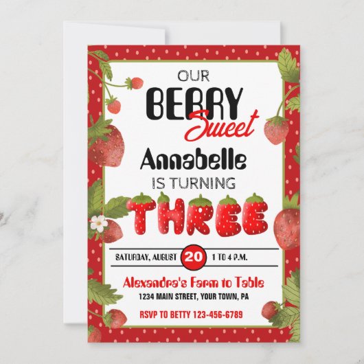 Aardbei Derde Verjaardag Party Uitnodiging (Voorkant)