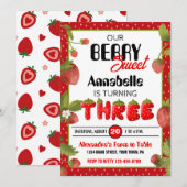 Aardbei Derde Verjaardag Party Uitnodiging (Voorkant / Achterkant)
