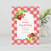 Aardbei eerste 1e verjaardag foto kaart (Staand voorkant)