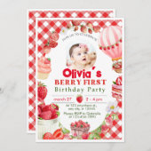 Aardbei eerste bes 1e verjaardag uitnodiging (Voorkant / Achterkant)