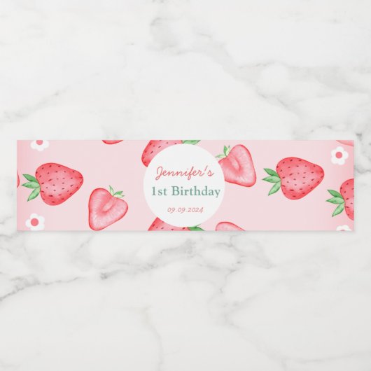 Aardbei eerste verjaardag 1e waterfles etiket (Enkel label)