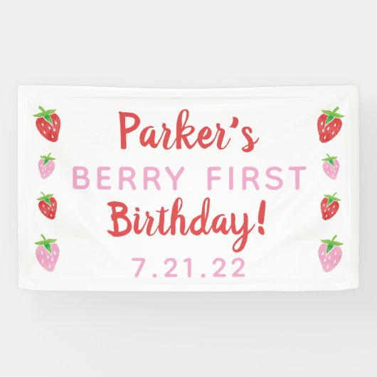 Aardbei Eerste Verjaardag Banner Berry met datum (Horizontaal)