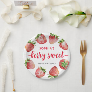 Aardbei Eerste Verjaardag Bes Zoet Papieren Bordje