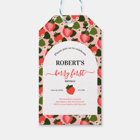 Aardbei eerste verjaardag dank je label cadeaulabel (Voorkant)