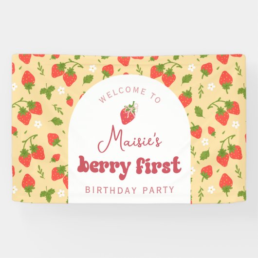 Aardbei Eerste Verjaardag Feest Achtergrond Spandoek (Horizontaal)