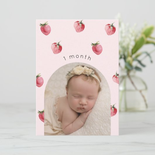 Aardbei eerste verjaardag foto mijlpaal banner kaart (Staand voorkant)