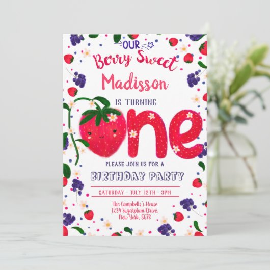 Aardbei, eerste verjaardag kaart (Staand voorkant)