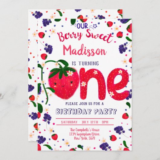 Aardbei, eerste verjaardag kaart (Voorkant / Achterkant)