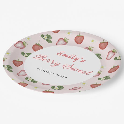 Aardbei Eerste Verjaardag Meisje Party Papieren Bordje (Gekanteld)