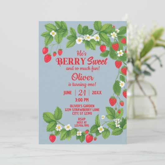 Aardbei eerste verjaardag (rood en blauw) kaart (Staand voorkant)