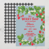 Aardbei eerste verjaardag (rood en blauw) kaart (Voorkant / Achterkant)