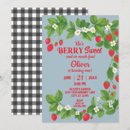 Aardbei eerste verjaardag (rood en blauw) kaart