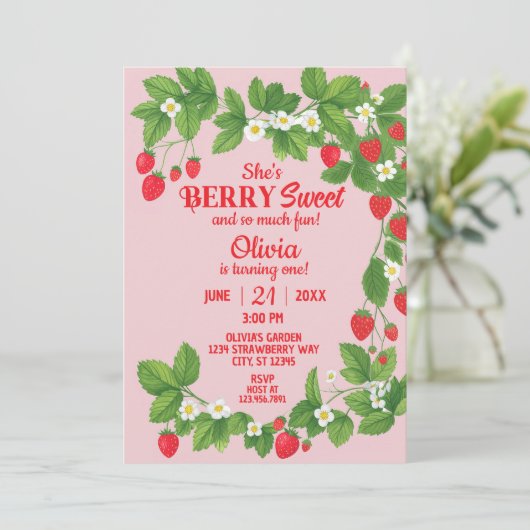 Aardbei eerste verjaardag (rood en roze) kaart (Staand voorkant)