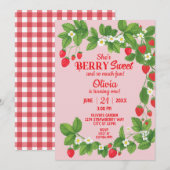Aardbei eerste verjaardag (rood en roze) kaart (Voorkant / Achterkant)