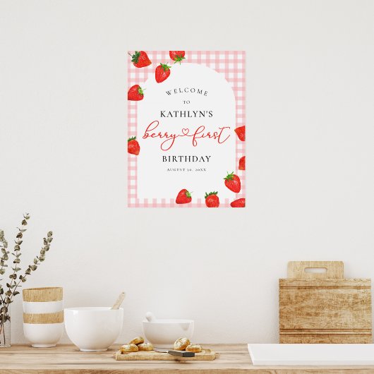 Aardbei Eerste Verjaardag Roze Berry Welkom Poster (Keuken)