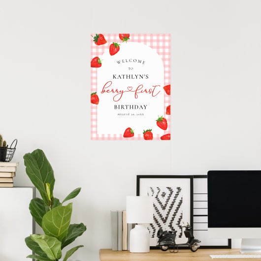 Aardbei Eerste Verjaardag Roze Berry Welkom Poster (Thuiskantoor)