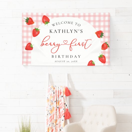 Aardbei Eerste Verjaardag Roze Berry Welkom Spandoek (Insitu)