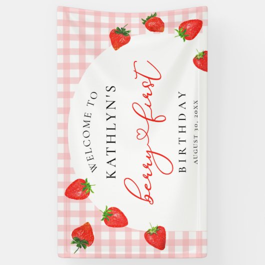 Aardbei Eerste Verjaardag Roze Berry Welkom Spandoek (Verticaal)