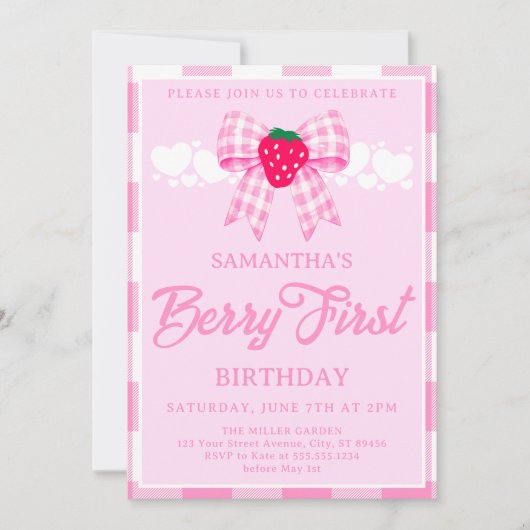 Aardbei Eerste Verjaardag Roze Gingham Strik Kaart (Voorkant)