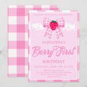 Aardbei Eerste Verjaardag Roze Gingham Strik Kaart (Voorkant / Achterkant)