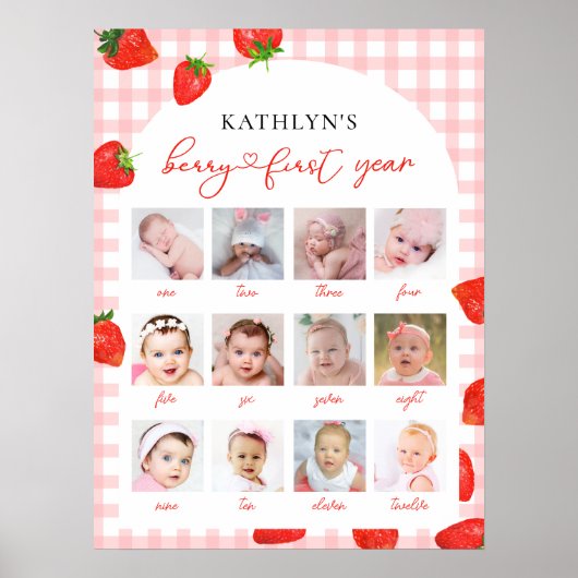 Aardbei Eerste Verjaardag Roze Milestone 12 Foto Poster (Voorkant)