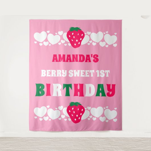 Aardbei Eerste Verjaardag Stof Banner Wandkleed (Voorkant)