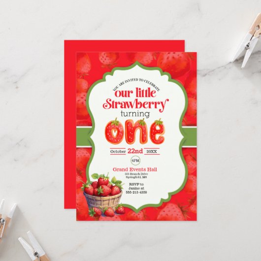 Aardbei eerste verjaardag uitnodiging (Voorkant / Achterkant in situ)
