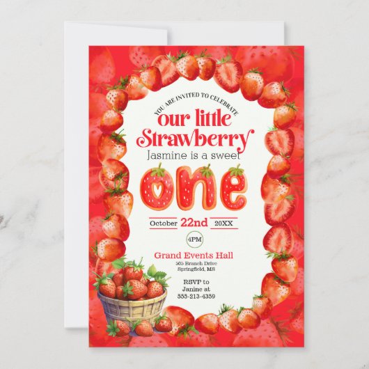 Aardbei eerste verjaardag uitnodiging (Voorkant)