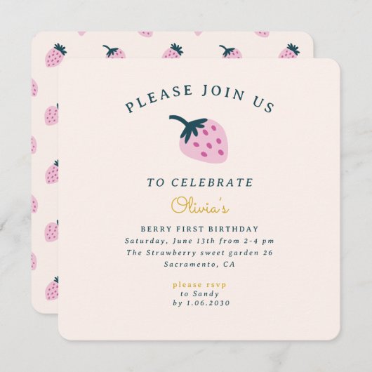 Aardbei eerste verjaardag Uitnodiging (Voorkant / Achterkant)