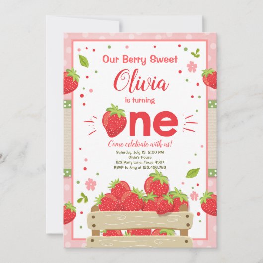 Aardbei Eerste Verjaardag Uitnodiging Zomerfruit (Voorkant)