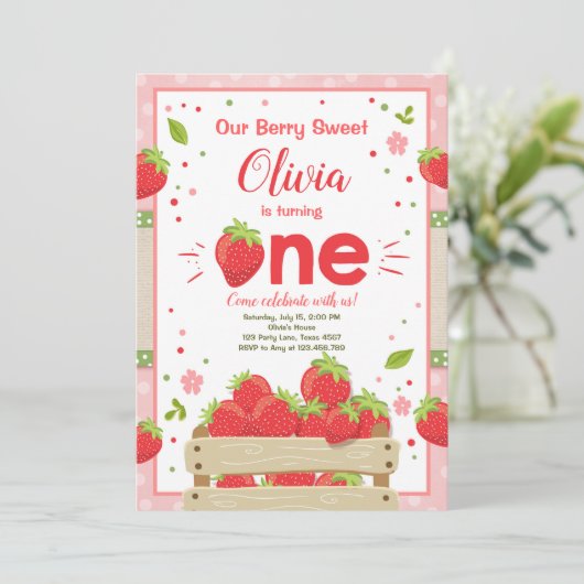 Aardbei Eerste Verjaardag Uitnodiging Zomerfruit (Staand voorkant)