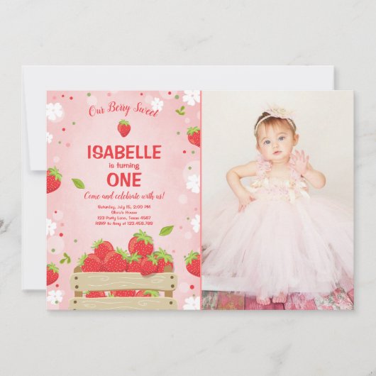 Aardbei Eerste Verjaardag Uitnodiging Zomerfruit (Voorkant)