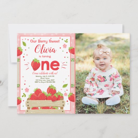 Aardbei Eerste Verjaardag Uitnodiging Zomerfruit (Voorkant)