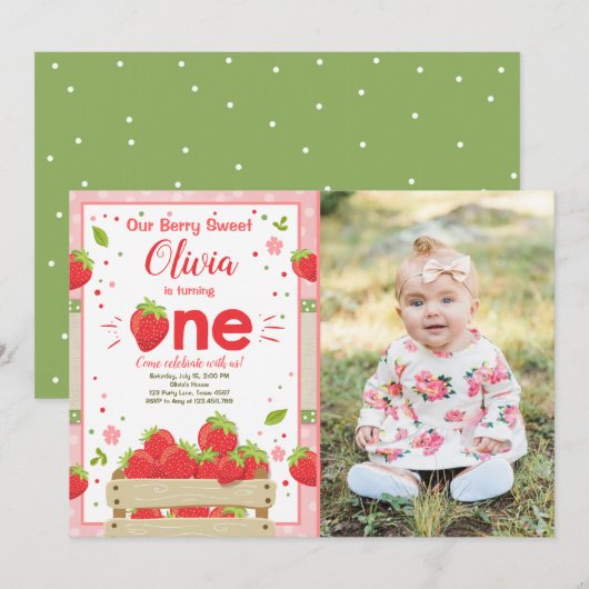 Aardbei Eerste Verjaardag Uitnodiging Zomerfruit (Voorkant / Achterkant)