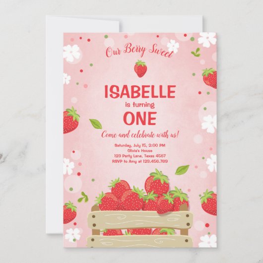 Aardbei Eerste Verjaardag Uitnodiging Zomerfruit (Voorkant)