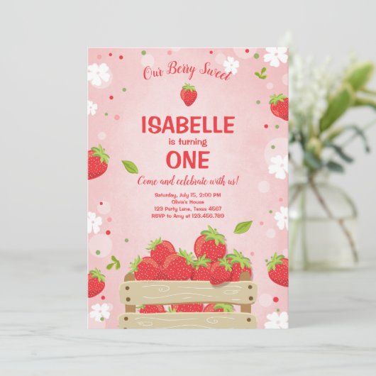 Aardbei Eerste Verjaardag Uitnodiging Zomerfruit (Staand voorkant)