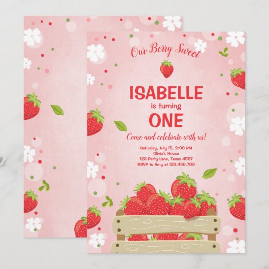 Aardbei Eerste Verjaardag Uitnodiging Zomerfruit (Voorkant / Achterkant)