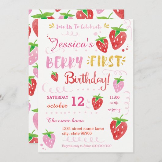 Aardbei eerste verjaardag van de Berry-Waterverf Kaart (Voorkant / Achterkant)