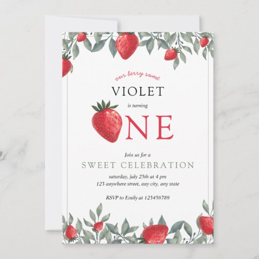 Aardbei eerste verjaardag | Waterverf Berry Sweet Kaart (Voorkant)