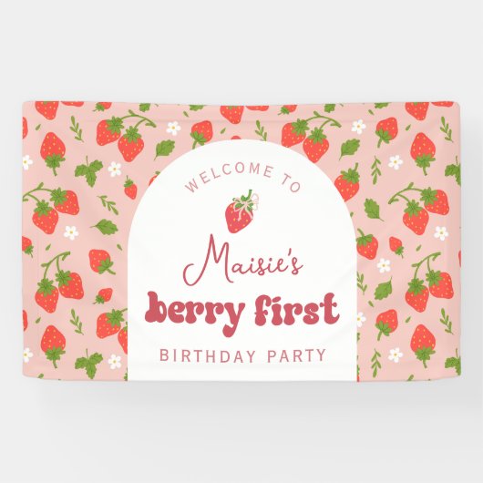Aardbei Eerste Verjaardagsfeest Achtergrond Spandoek (Horizontaal)